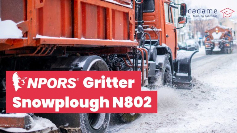 NPORS gritter snowplough training course image showing a gritter and snowplough vehicle clearing a snowy road in winter conditions