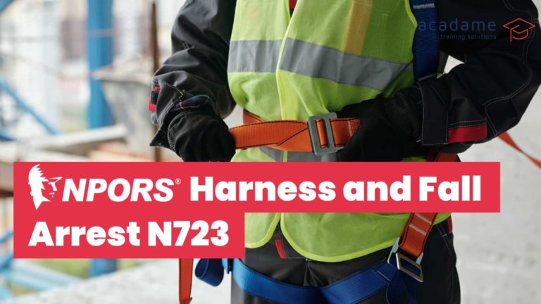 NPORS harness and fall arrest training course image showing an operative wearing and adjusting a safety harness at work