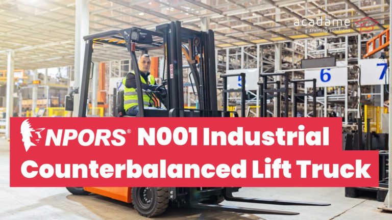 NPORS industrial counterbalanced lift truck training course image showing a forklift truck operating inside a warehouse or industrial facility