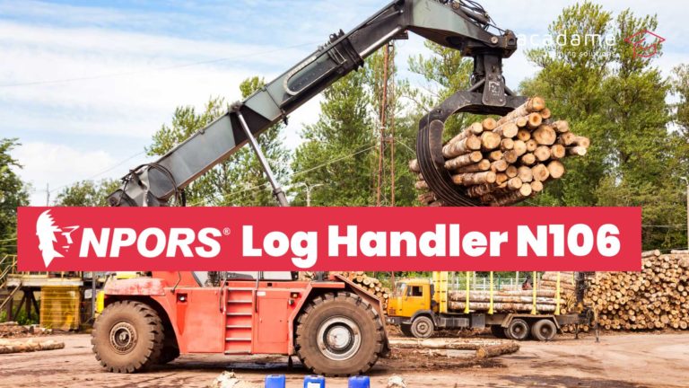 NPORS log handler training course image showing a log handler lifting timber with a grapple in a timber yard