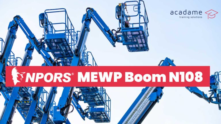 NPORS MEWP boom training course image showing boom lift platforms raised for safe access work at height