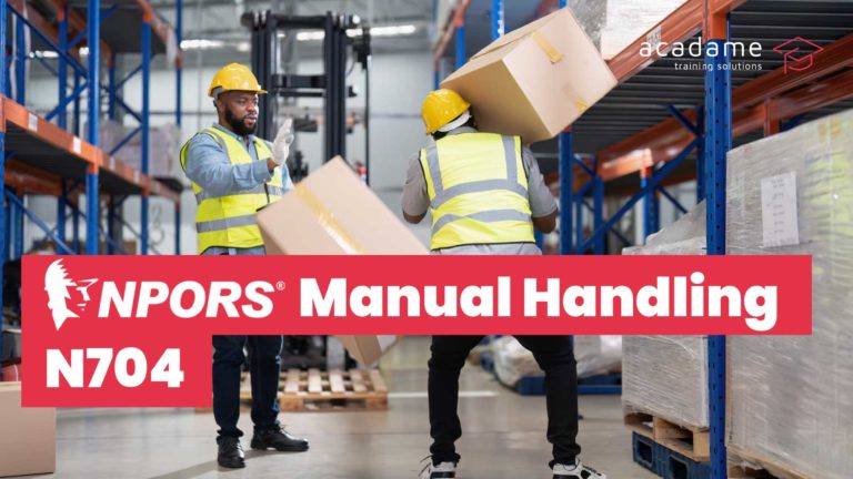 NPORS manual handling training course image showing warehouse operatives lifting and moving boxes in a storage environment