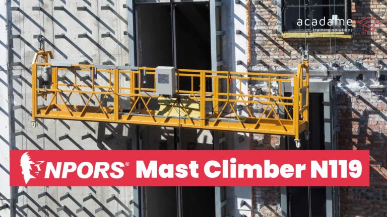 NPORS mast climber training course image showing a mast climber work platform fixed to a building facade on a construction site