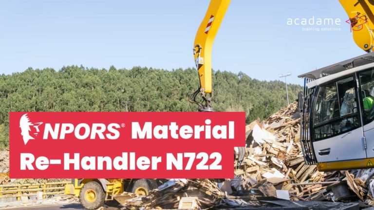 NPORS material re-handler training course image showing a material handler working on a recycling or waste handling site