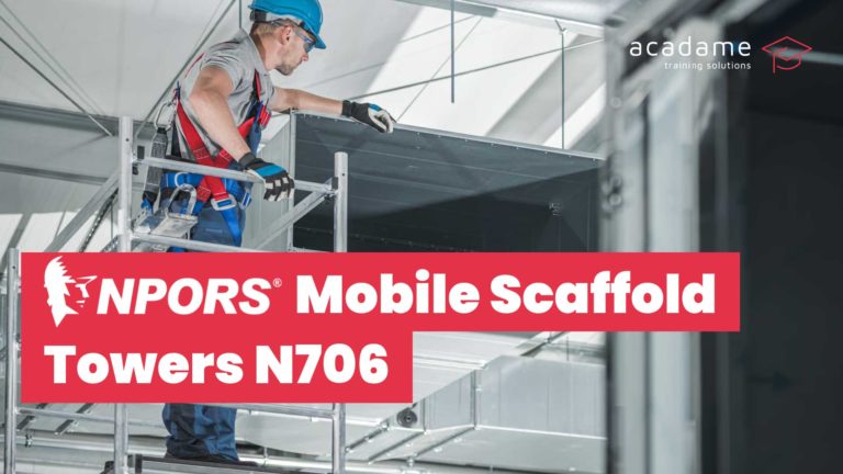 NPORS mobile scaffold towers training course image showing an operative working from a mobile scaffold tower using fall protection equipment