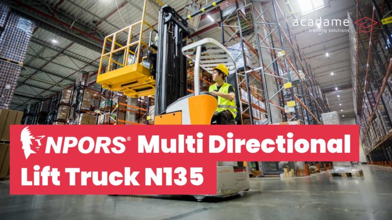 NPORS multi directional lift truck training course image showing a multi directional forklift operating in a warehouse racking environment