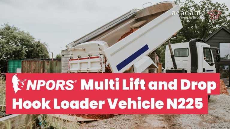 NPORS multi lift and drop hook loader vehicle training course image showing a hook loader vehicle tipping and unloading material on site