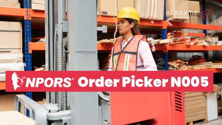NPORS order picker training course image showing an order picker truck being used in a warehouse storage and picking environment