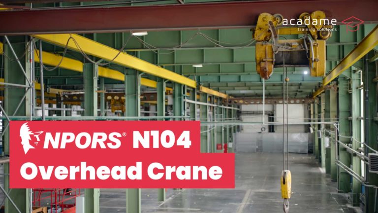 NPORS overhead crane training course image showing an overhead travelling crane and hoist system inside an industrial facility