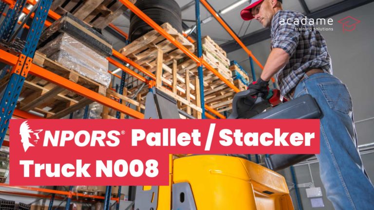 NPORS pallet stacker truck training course image showing a pallet stacker truck being used in a warehouse storage environment