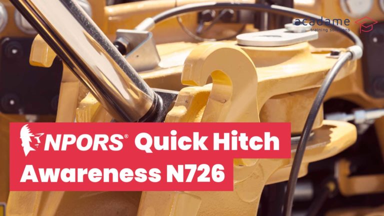 NPORS quick hitch awareness training course image showing an excavator quick hitch coupler and attachment connection point