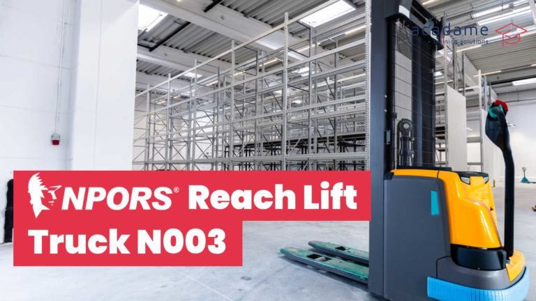 NPORS reach lift truck training course image showing a reach truck operating in a warehouse racking environment