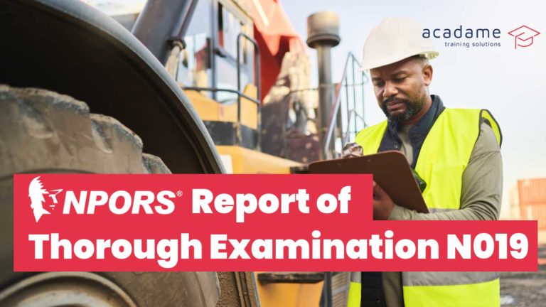 NPORS report of thorough examination training course image showing an inspector carrying out plant checks beside heavy machinery on site