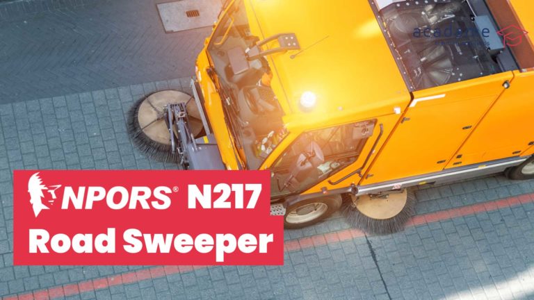 NPORS road sweeper training course image showing a road sweeper vehicle cleaning a paved surface during street maintenance operations