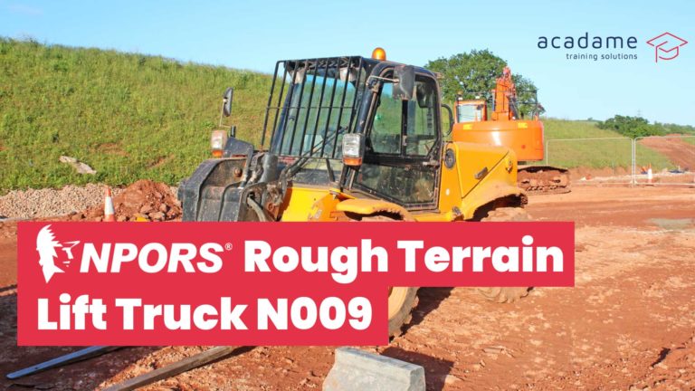 NPORS rough terrain lift truck training course image showing a rough terrain forklift operating on an uneven construction site