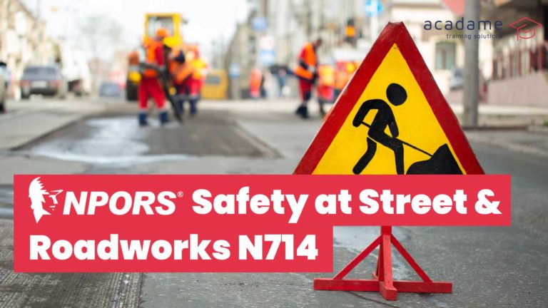 NPORS safety at street and roadworks training course image showing roadworks warning signage and operatives carrying out street works on a live road