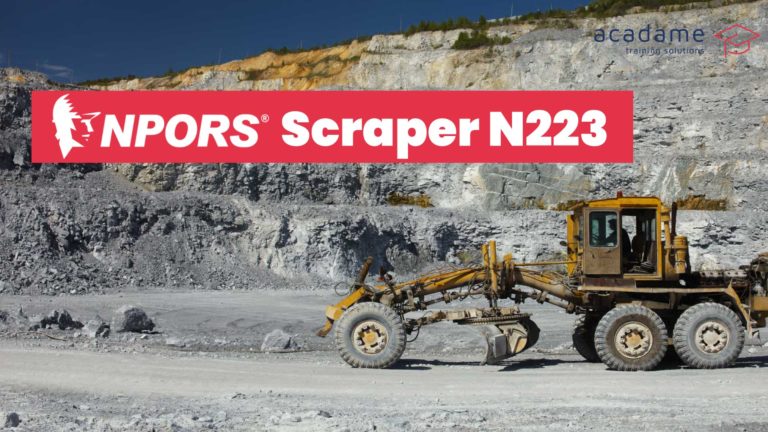NPORS scraper training course image showing a scraper machine operating in a quarry or large earthmoving environment