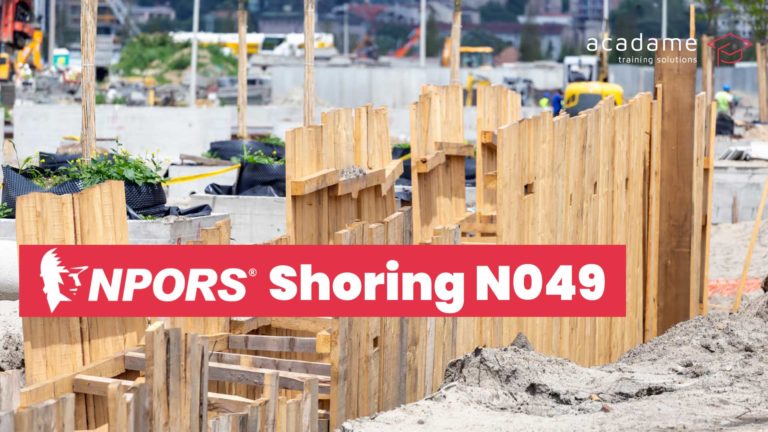NPORS shoring training course image showing timber shoring and trench support systems installed on a construction site