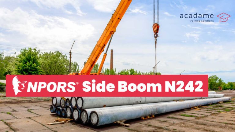NPORS side boom training course image showing a side boom crane lifting and positioning pipe sections on an outdoor work site