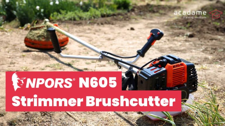 NPORS strimmer brushcutter training course image showing a petrol strimmer and brushcutter positioned for grounds maintenance work