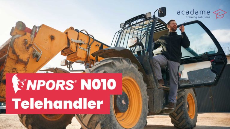 NPORS telehandler training course image showing a telehandler operator beside the machine in a construction or plant yard environment