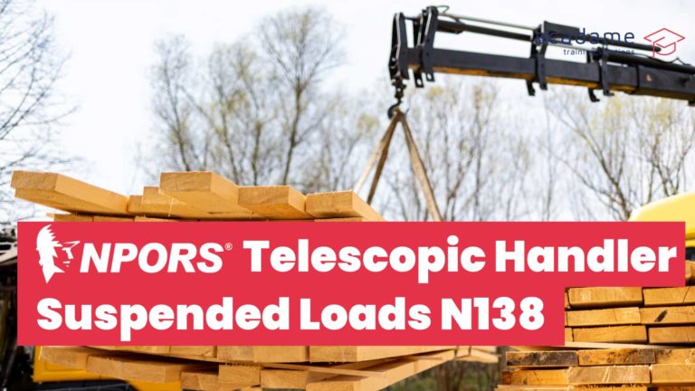 NPORS telescopic handler suspended loads training course image showing a telehandler lifting suspended timber using lifting accessories on site