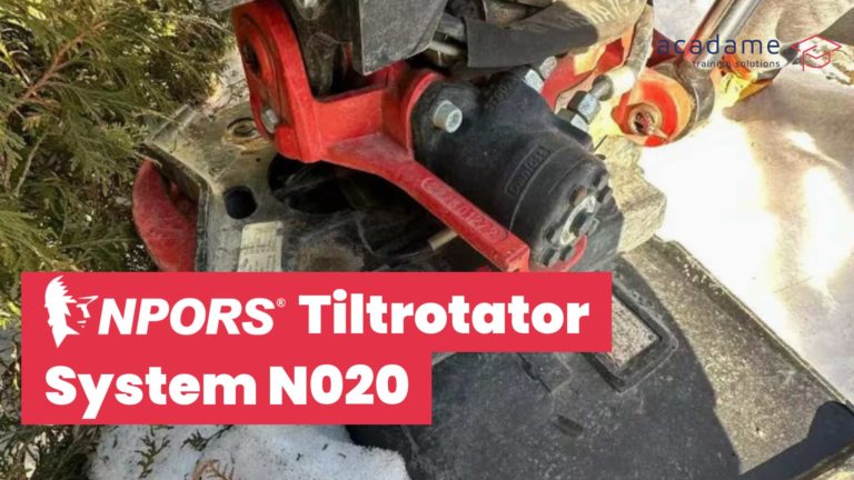 NPORS tiltrotator system training course image showing a tiltrotator attachment fitted to excavator equipment during site operations