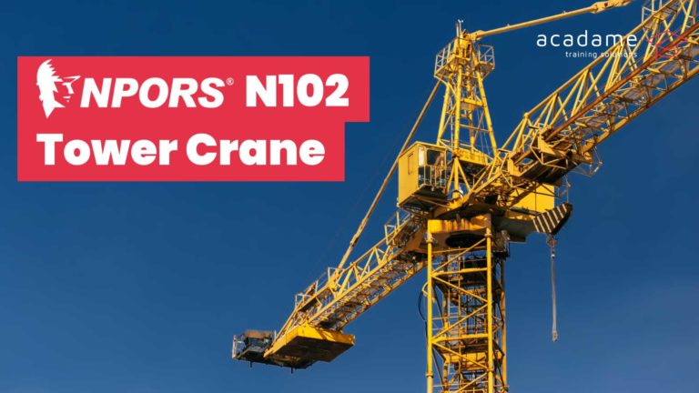 NPORS tower crane training course image showing a tower crane structure and operator cab used for lifting operations on construction sites