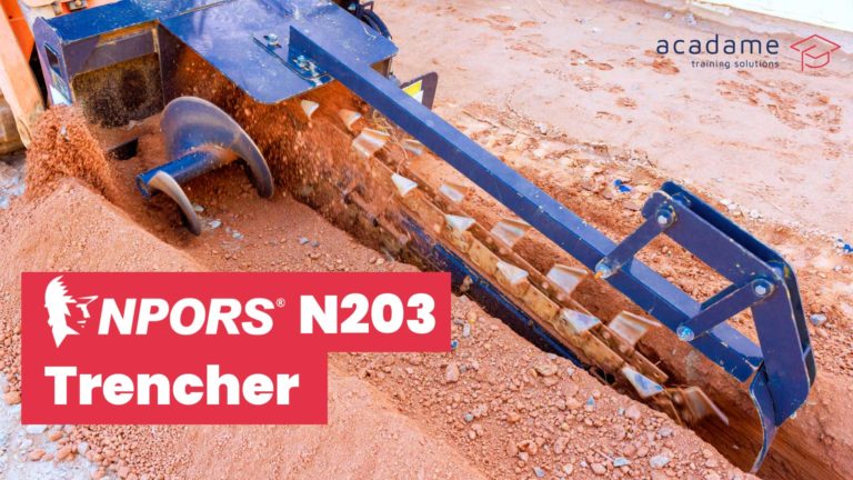 NPORS trencher training course image showing a trencher cutting a narrow trench through soil during excavation work