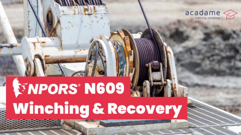 NPORS winching and recovery training course image showing winch drum, cable, and recovery equipment used in site recovery operations