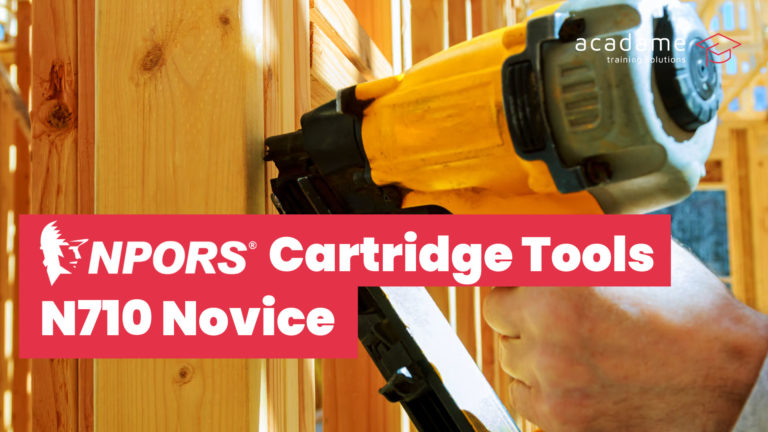 NPORS cartridge tools training course image showing a cartridge-operated fixing tool being used on a timber frame
