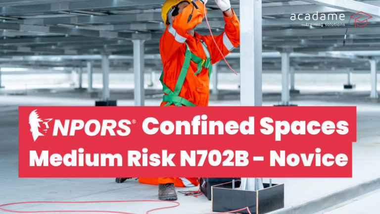 NPORS confined spaces medium risk training course image showing an operative in PPE and harness equipment working in an enclosed industrial space
