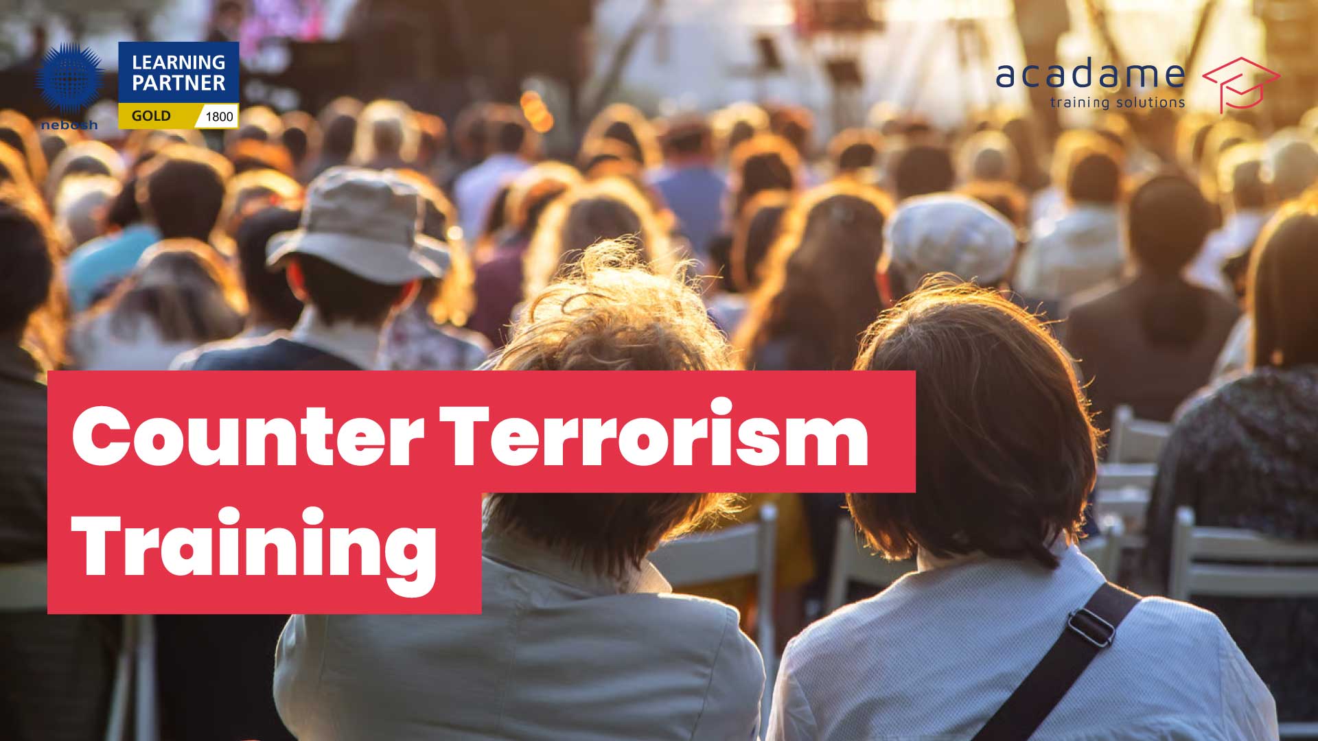 Crowded public event with text overlay reading “Counter Terrorism Training” promoting terrorism preparedness, protective security awareness and Martyn’s Law qualifications.
