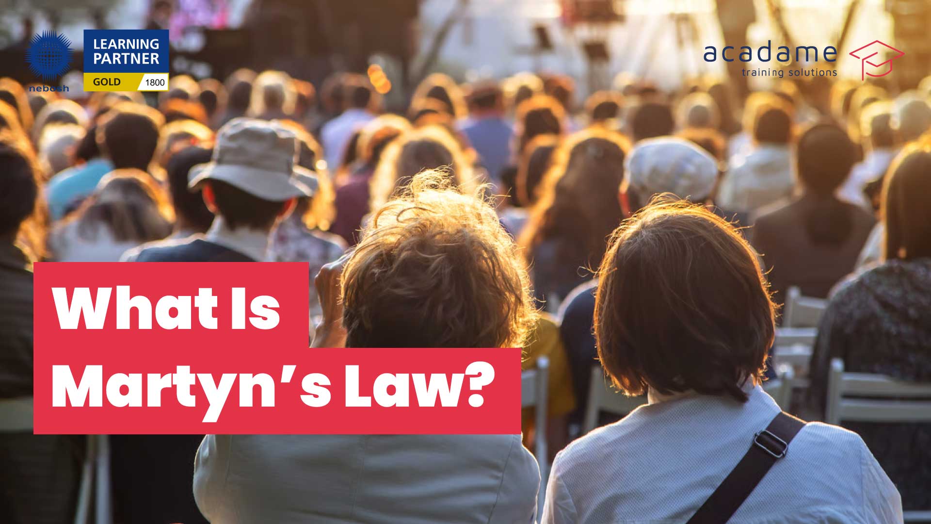 Crowd gathered at a public event with text overlay reading “What Is Martyn’s Law?” promoting terrorism preparedness and NEBOSH Martyn’s Law training qualifications from Acadame.