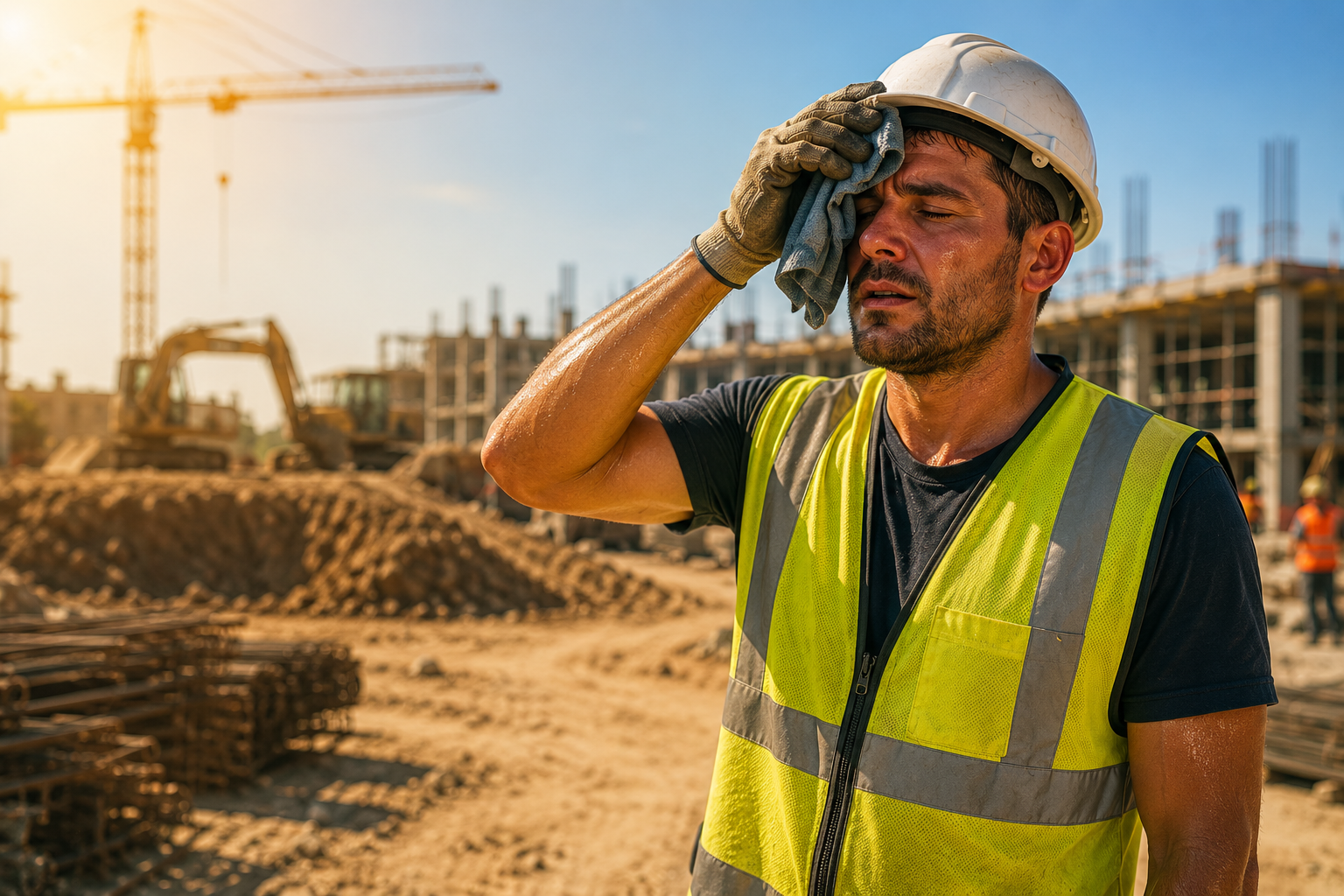 Construction worker wiping sweat from forehead on a hot day at a building site next to a sign about working safely in high temperatures.