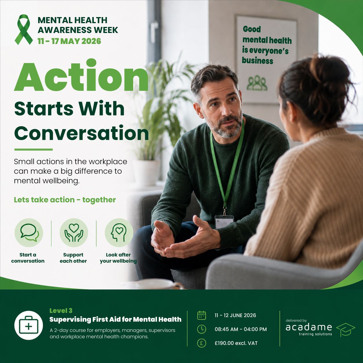 Mental Health Awareness Week 2026 workplace wellbeing poster showing a manager having a supportive conversation with a colleague alongside information about a Level 3 Supervising First Aid for Mental Health course.