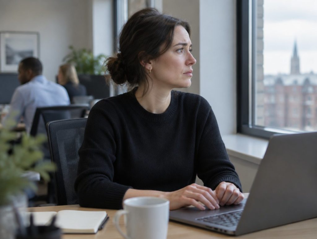 Office worker pausing at her desk and looking away from the screen towards a window, colleagues at work behind her