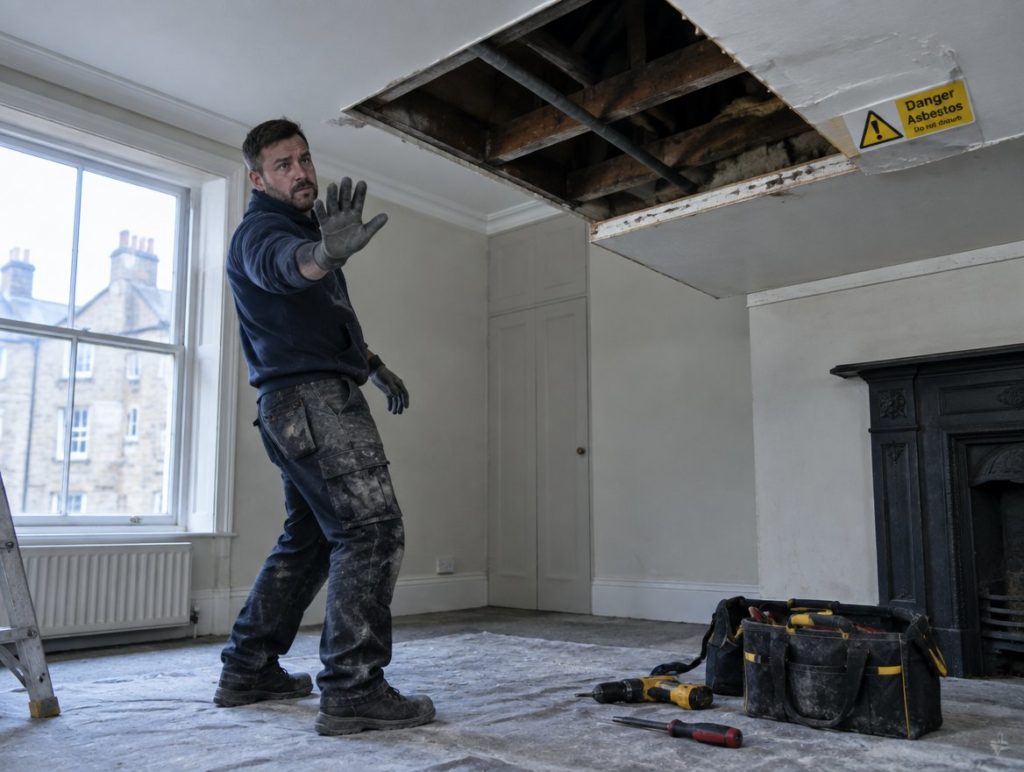 Tradesperson stepping back from a ceiling void where an asbestos warning label is fixed to the panel