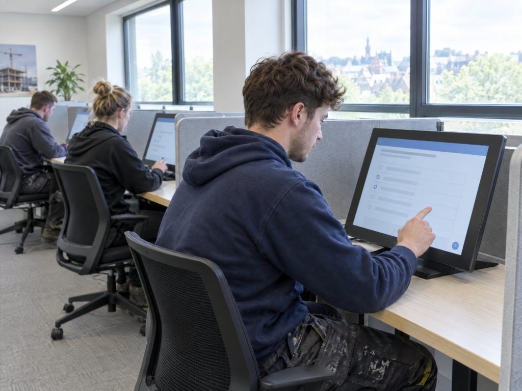 Candidate in a navy hoodie answering questions on a touch screen at a test centre desk, with other candidates at screened desks behind