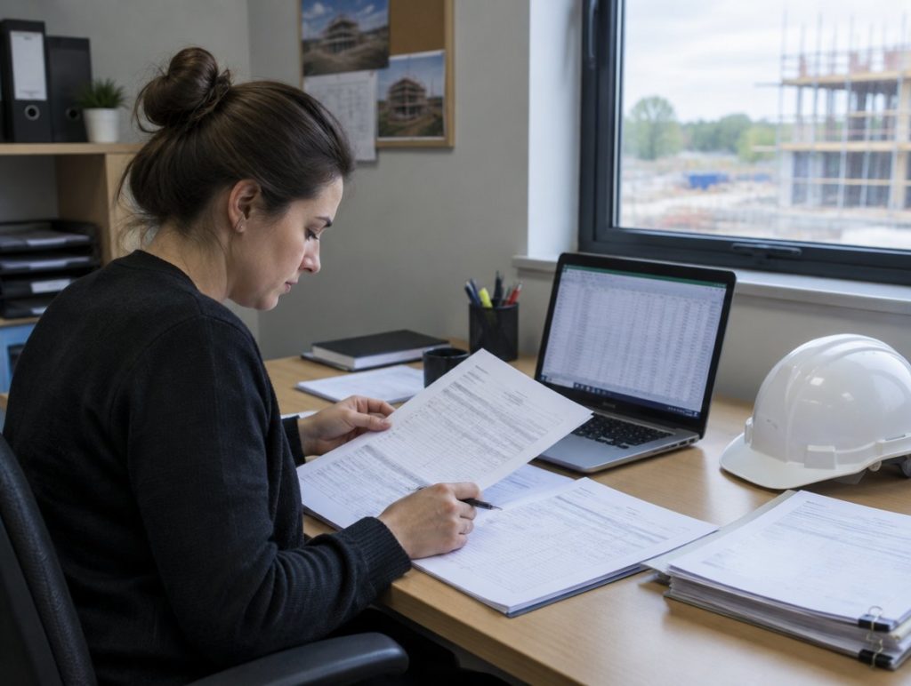 Construction company office manager working through grant claim paperwork at a desk with a hard hat beside her