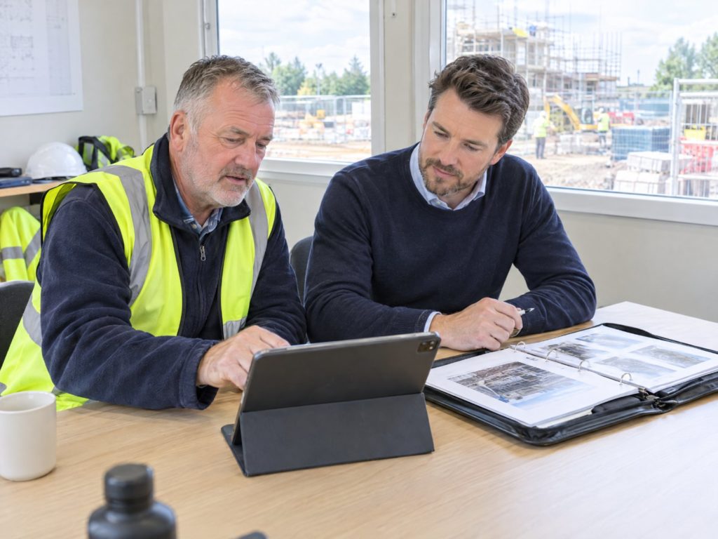 Construction manager in hi-vis reviewing NVQ evidence on a tablet with an assessor in a site cabin, portfolio open on the table