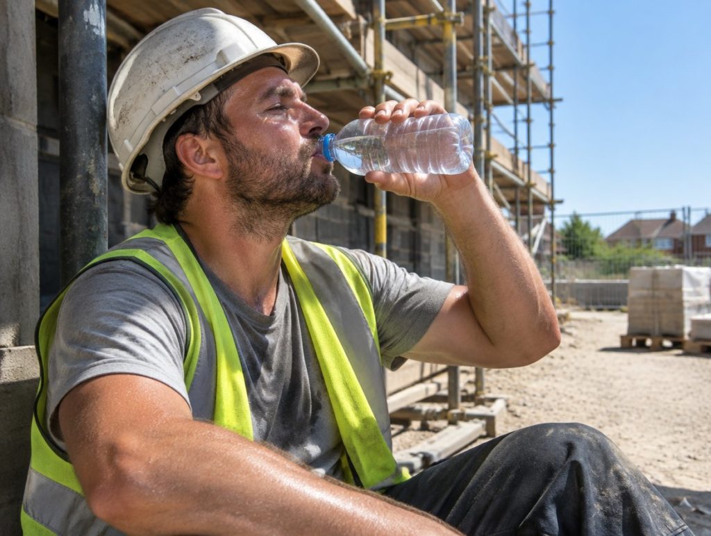 Construction worker in a hi vis vest and hard hat resting in shade on a hot day, drinking water from a bottle