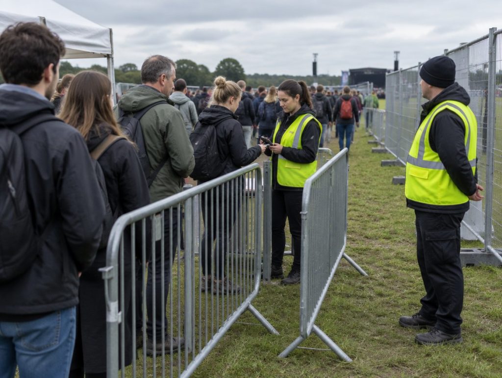 Staff checking tickets at a barriered entrance lane to a ticketed outdoor event, with a marshal in a hi vis tabard watching the queue approach