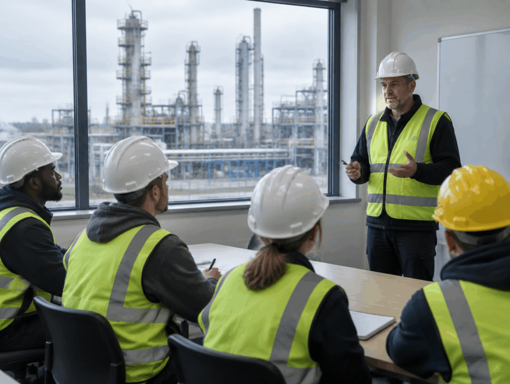 A safety instructor delivering a CCNSG induction to contractors in hi-vis and helmets, with process plant pipework visible through the window