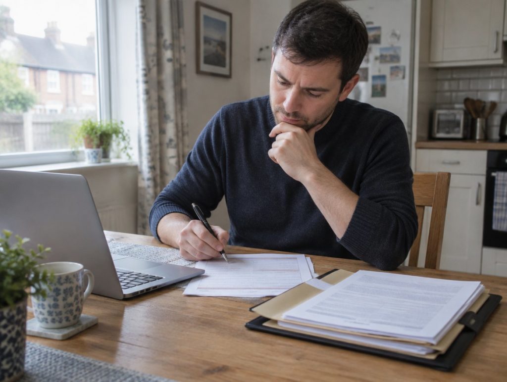 Service leaver at a kitchen table completing an ELCAS funding application beside service paperwork