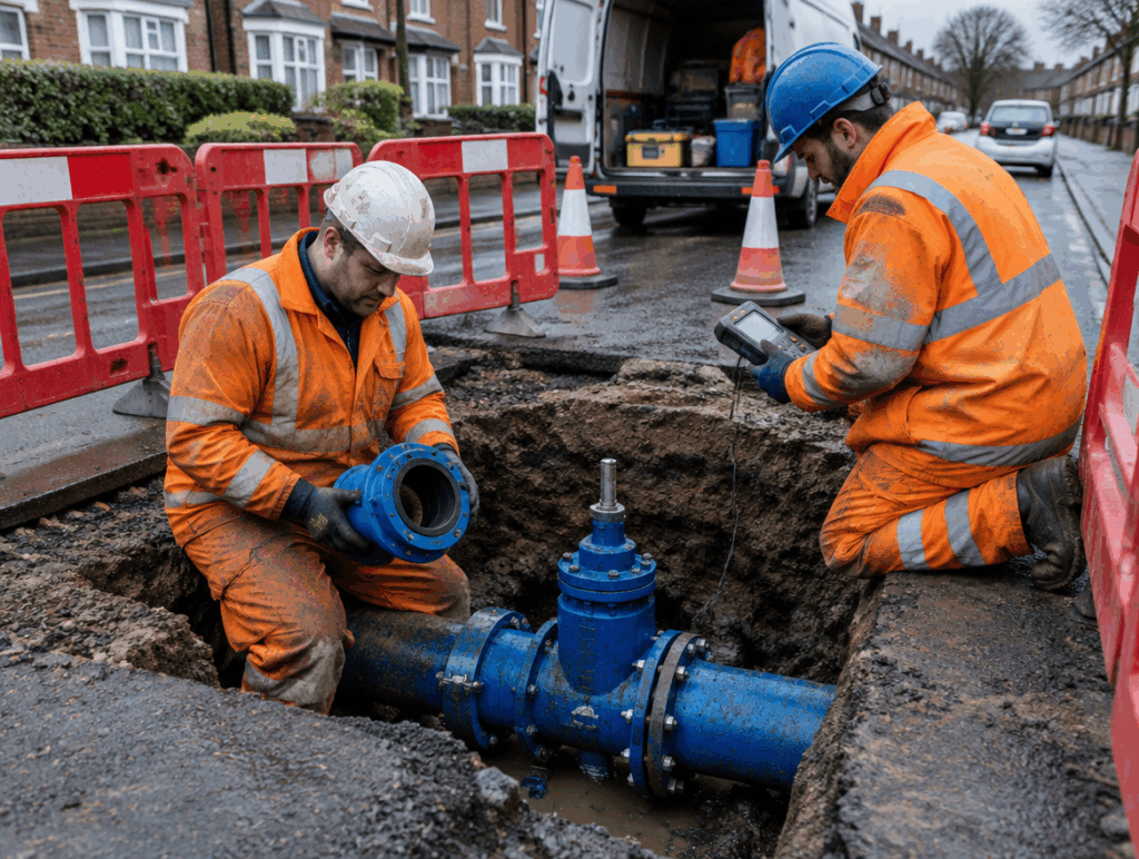 Utility operatives working at an open trench on water mains pipework