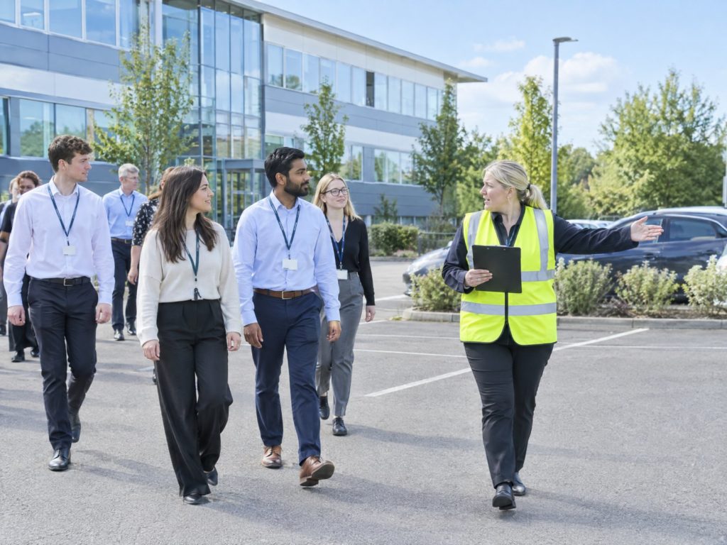 Fire warden in a yellow hi-vis vest with a clipboard leading office staff calmly out of the building towards the assembly point
