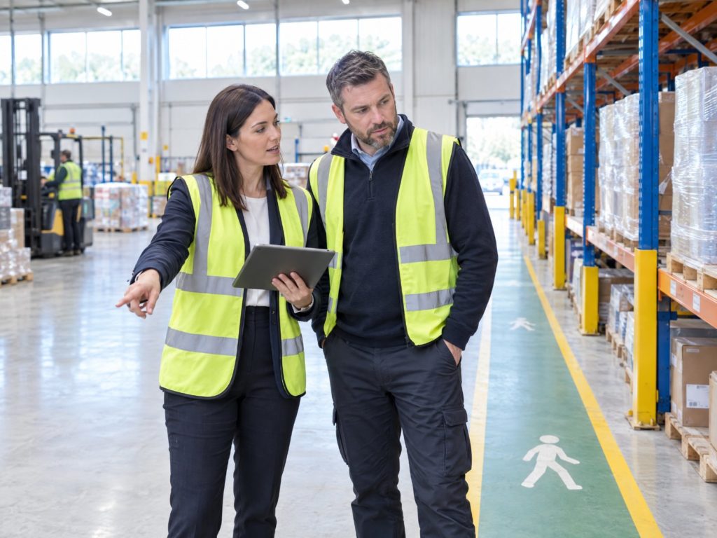 Health and safety advisor in a hi-vis vest holding a tablet and talking with an operations manager beside warehouse racking, pointing towards a marked pedestrian walkway