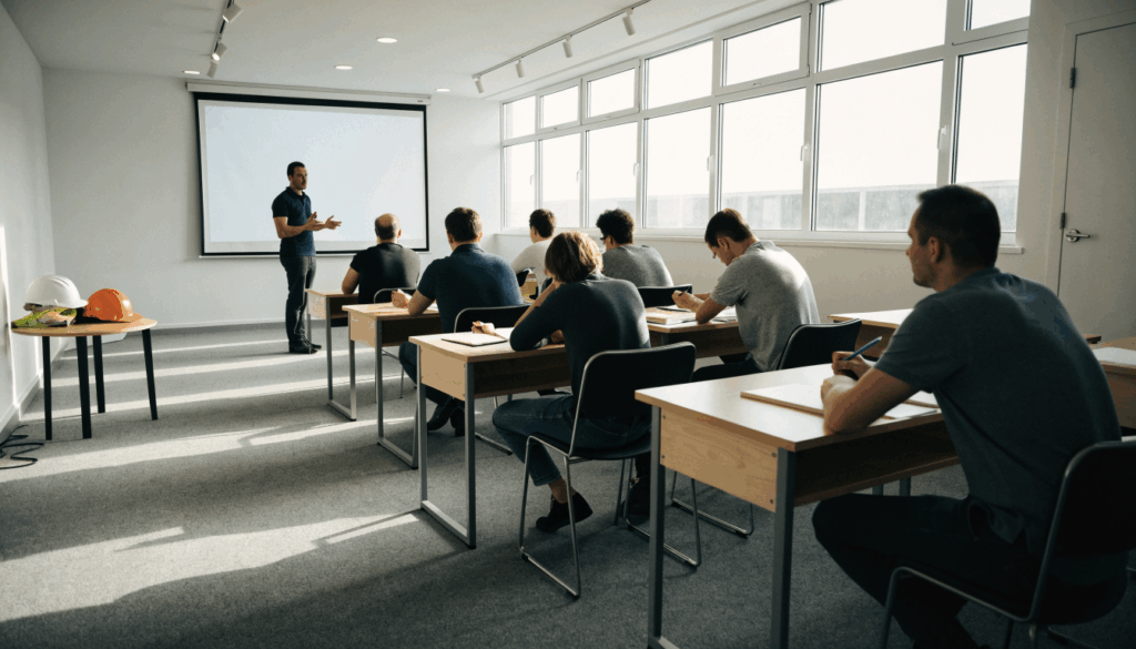 Adult learners in a health and safety training classroom with a tutor