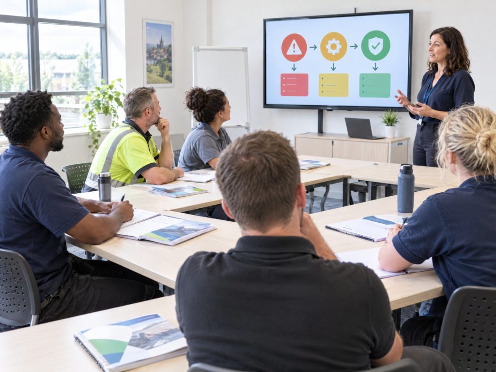 Small group of adult learners at tables in a bright training room listening to a trainer standing beside a screen showing a risk assessment diagram